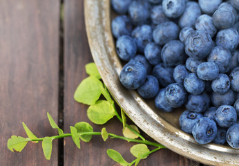 Fresh ripe sweet blueberries outdoors on plate