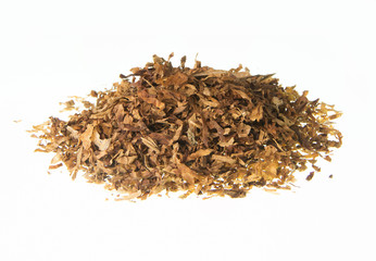Heap of dry leaf cigarettes ,tobacco,cannabis on white backgroun