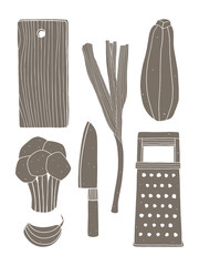 Hand drawn cooking set. Kitchen vector elements. Vegetables and kitchen utensils. Minimalistic kitchen poster in naive style