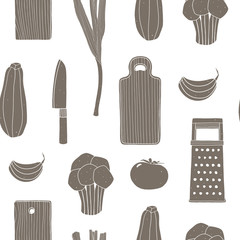 Hand drawn seamless pattern for kitchen. Vector background with vegetables and kitchen utensils. For napkins, kitchen towels, wrapping paper, wallpaper 