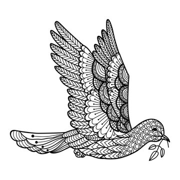 Dove is carrying branch zentangle stylized for coloring book