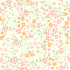 Seamless ditsy. Floral pattern. Flowers on beige background. Vector illustration.
