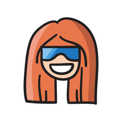 Woman face vector icon hand drawn doodle illustration black lines, nice hair girl eyes closed..