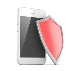 Smartphone and shield on white, security concept. 3d rendering.