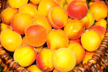 Baskets with fresh ripe apricots. Close up