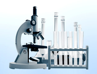 Laboratory metal microscope and test tubes with liquid toning in