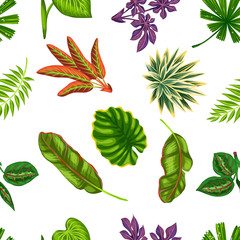 Seamless pattern with tropical plants and leaves. Background made without clipping mask. Easy to use for backdrop, textile, wrapping paper