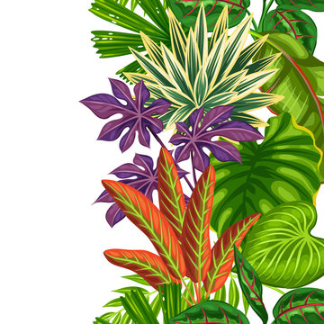 Seamless vertical border with tropical plants and leaves. Background made without clipping mask. Easy to use for backdrop, textile, wrapping paper