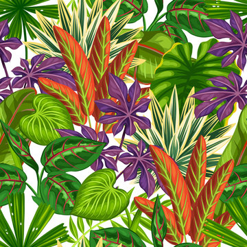 Seamless pattern with tropical plants and leaves. Background made without clipping mask. Easy to use for backdrop, textile, wrapping paper