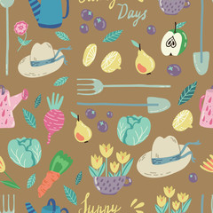 Spring Garden seamless vector pattern. Adorable childish illustrations with gardening supplies, fruits and veggies. Perfect for scrapbooking paper, textile, stationary and web.