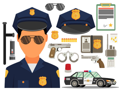 Vector illustration with policeman. Flat style. 