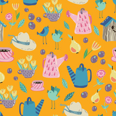 Spring Garden seamless vector pattern. Adorable childish illustrations with gardening supplies, rabbits, fruits and veggies. Perfect for scrapbooking paper, textile, stationary and web.