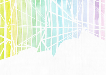 Simple horizontal template with handdrawn ink triangles made in freehand style, with stripe gradient texture, imperfect, grainy, bright, on white watercolor paper, illustration for your presentation