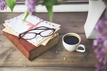 offee wite letters,book and glasses