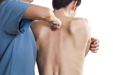 Physiotherapist is testing high dorsal over white background.  Q