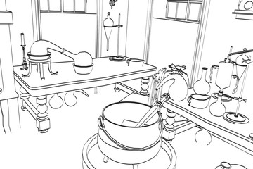 2d cartoon illustration of alchemy lab