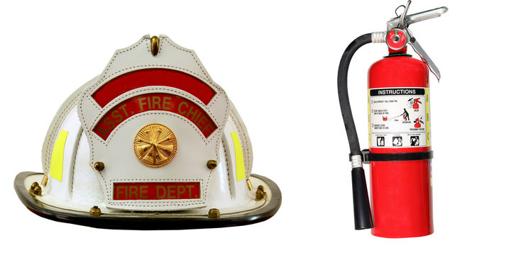 Fire Extinguisher and Firefighter hat isolated