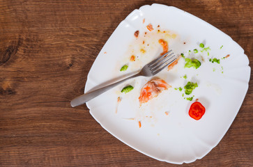 dirty dishes on wooden table