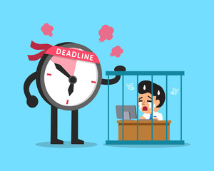 Cartoon deadline clock character with businessman working in prison
