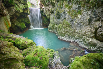 Waterfall landscape in Pioraco, Italy