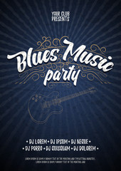 Blues music party. Poster background grunge template. Hand drawn Typographic flyer or poster. Vector design. - 109124460