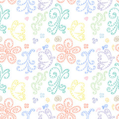 Seamless pattern abstract background with butterflies and flowers. Seamless background pattern curls.