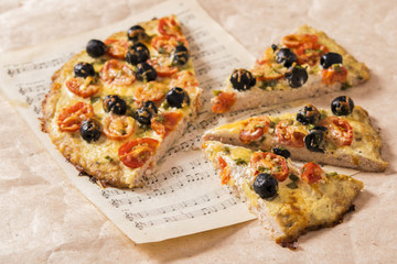 Pizza proper nutrition with a base of minced chicken 