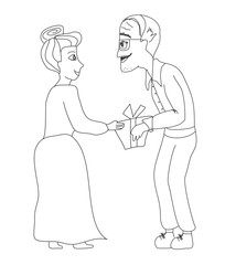 happy senior couple with gift box