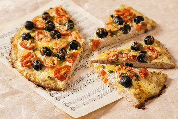 Pizza proper nutrition with a base of minced chicken 