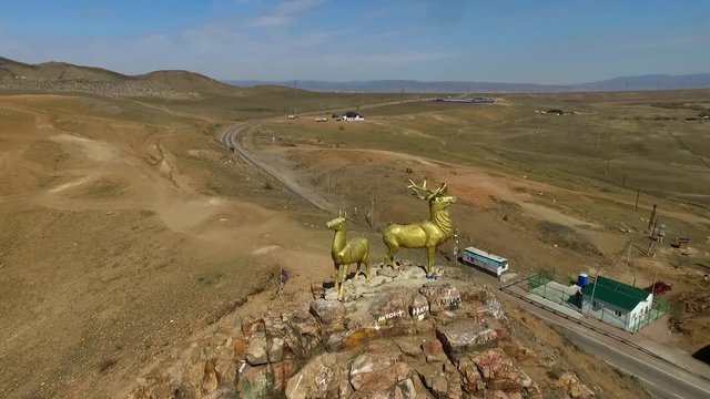 An aerial view flying over the river Selenga, Ulan-Ude