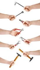 Set of hand holding a socket working tool, composition isolated over the white background
