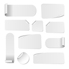 Blank white paper stickers isolated on white background. Round, square and rectangular sticker template. Sale and Clearance stickers and banners. Big Sale promotion. Blank white Sticker Templates