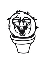 small round green sweet cute nerd geek cactus flower pot balcony clever hornbrille face laugh comic cartoon