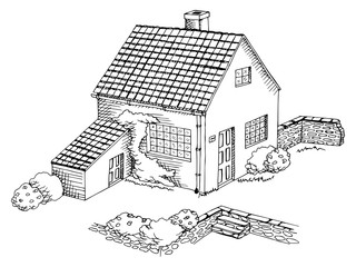 Village house graphic art black white landscape illustration vector