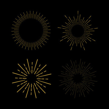 Retro Sun burst shapes. Vintage starburst logo, labels, badges. Sunburst minimal logo frames. Vector firework design elements isolated. Sun burst light logo. Minimal vintage gold firework burst.