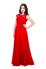 full length portrait of young beautiful woman in red dress isola