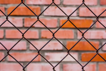 Fototapeta premium Fence of metal mesh against a brick wall, background