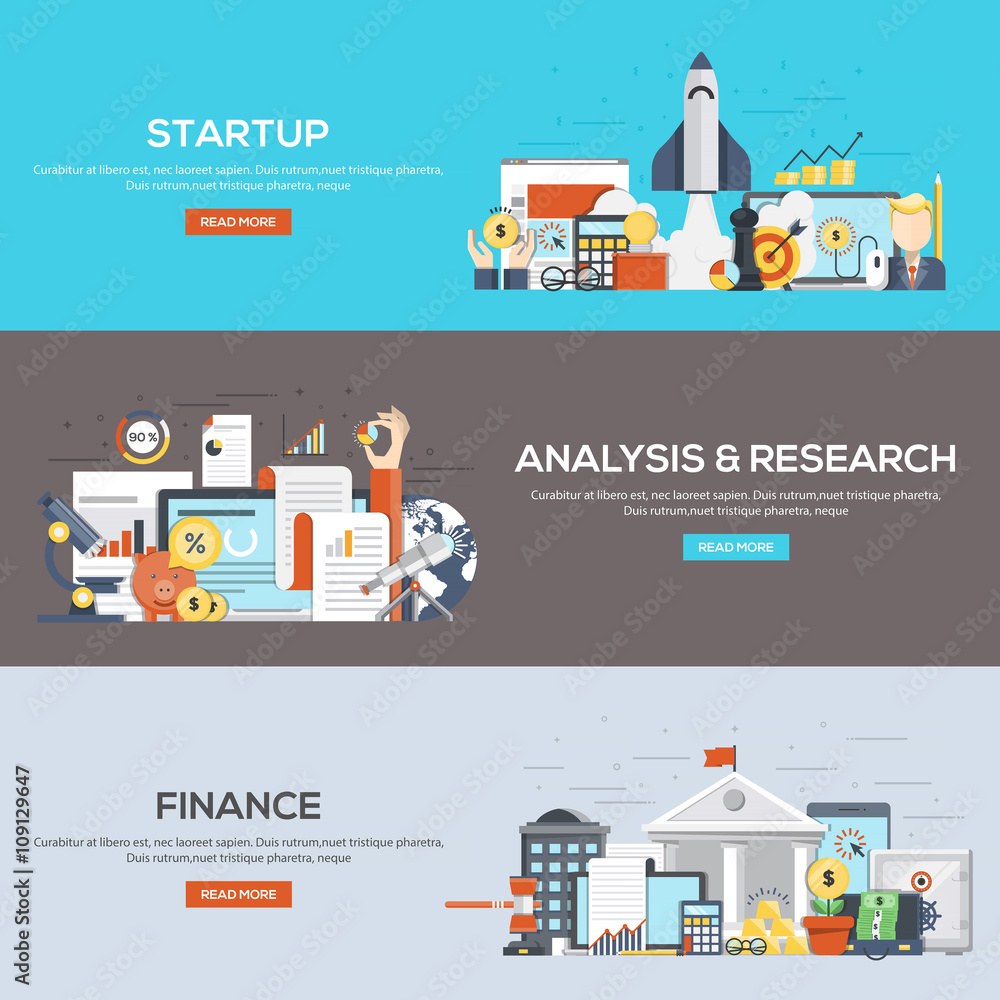 Poster set of flat color design web banners for startup, analysis and r