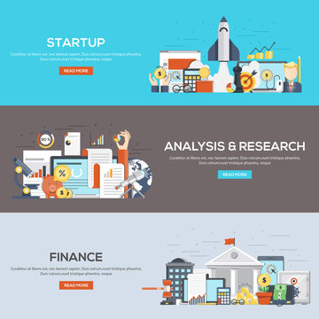 Set of flat color design web banners for Startup, Analysis and R