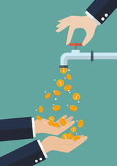 Hands are carrying coins falling out of the water tap