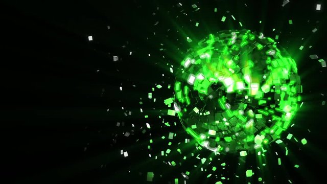 Abstract looped animated background: pulsating and spinning acid-green glow disco ball composed of cubes-crystals with shinny streaks of light, shards of crystals rotating around and reflecting rays
