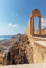 Doric columns of the ancient Temple of Athena Lindia the IV century BC, Acropolis of Lindos,  Rhodes, Greece