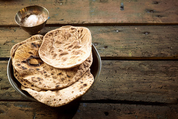 Top down view of chapati bread with copy space