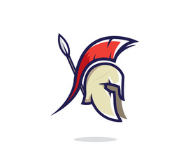 Spartan head badge illustration. Spartan helmet with a lance. Warrior symbol. - obrazy, fototapety, plakaty