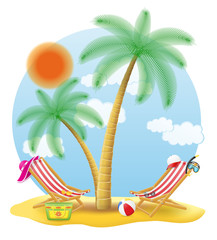 Fototapeta na wymiar beach chairs stand under a palm tree vector illustration