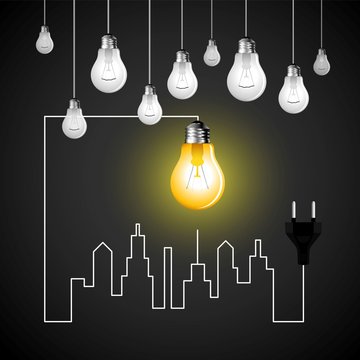 Business cityscape with bulb, electricity symbol