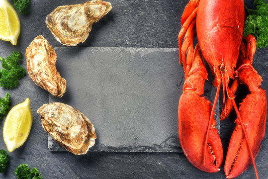 Steamed lobster and oysters on dark background