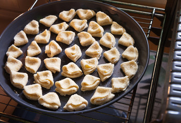 Cottage cheese biscuits on a baking sheet in the oven before baking