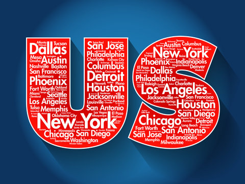 US flat design style letters with cities names words cloud, concept background