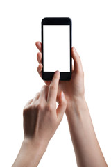 Female hand holding smart phone isolated on white background wit